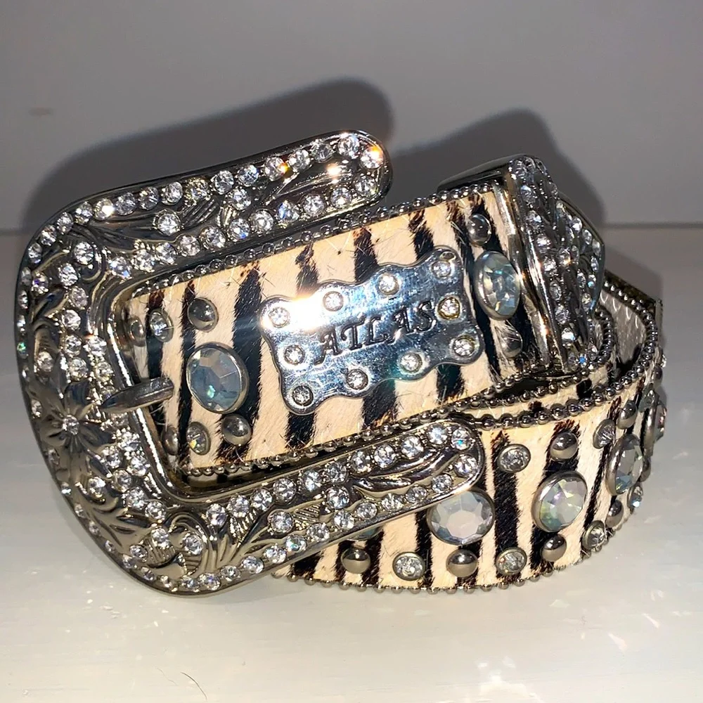 Zebra Leather Cowhide Rhinestone Western Belt Crystal Embellishment
